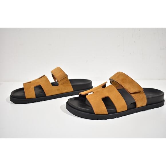 Hermes Chypre Sandal Black Naturel Gold Suede H Logo Strap Slide Slip On Flat 38 - Picture 8 of 10